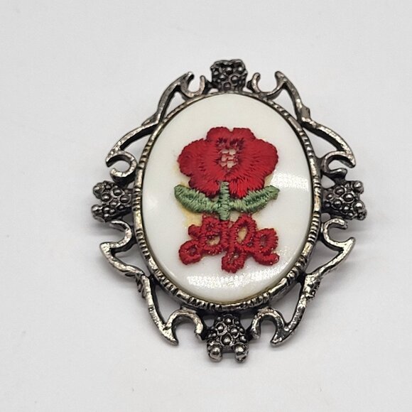 unbranded Jewelry - VTG Silver Tone Brooch Pendant with white cabochon and Red LIFE Flower Applique